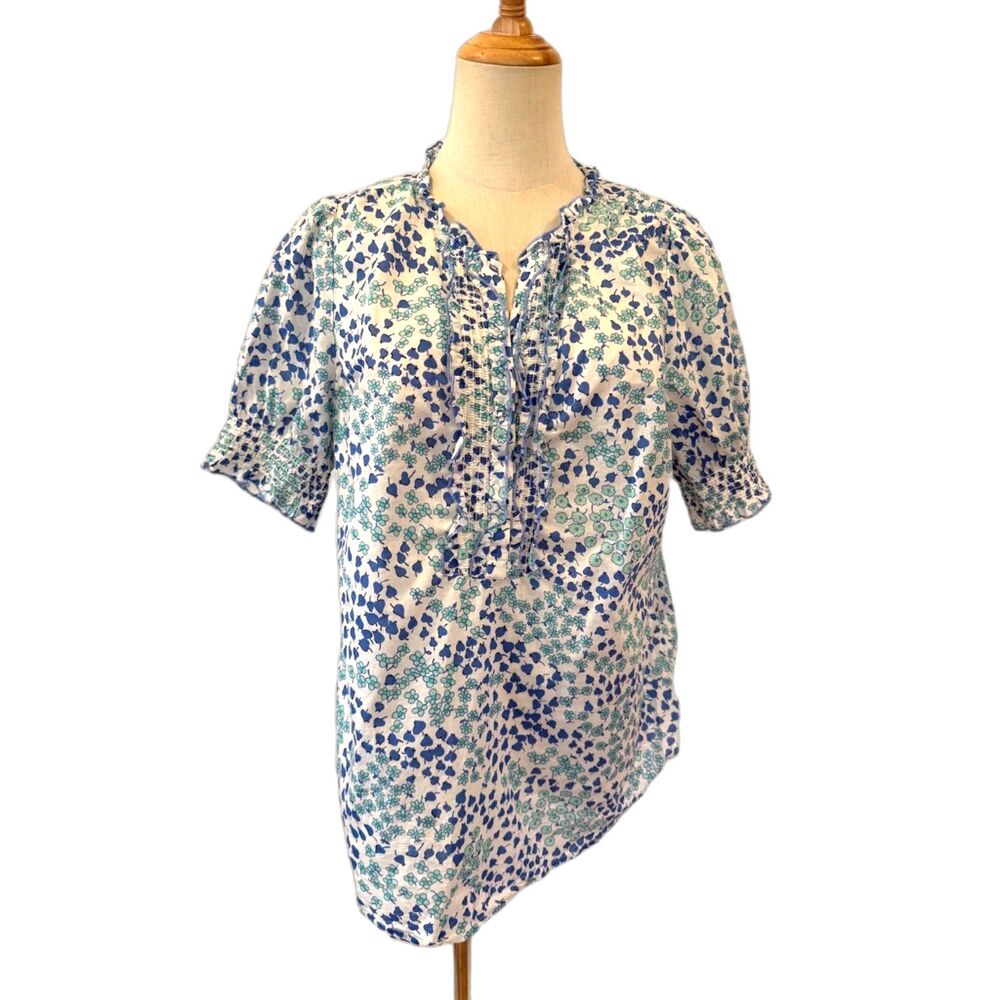 Talbots Lovely Floral Ruffle Top Blue Ditzy Print Large Short Sleeves Popover - Picture 3 of 8